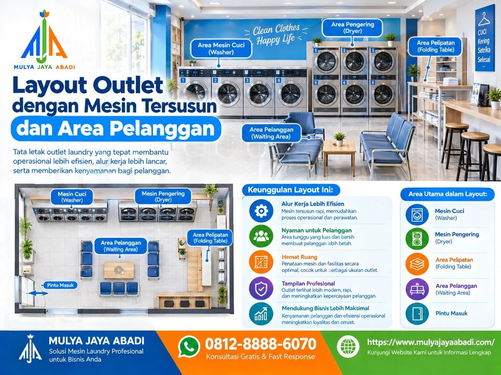Layout outlet dengan mesin tersusun dan area pelanggan
