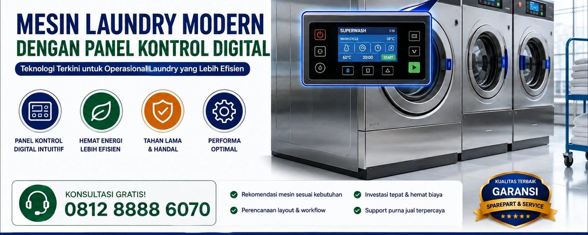 mesin laundry modern dengan panel kontrol digital.