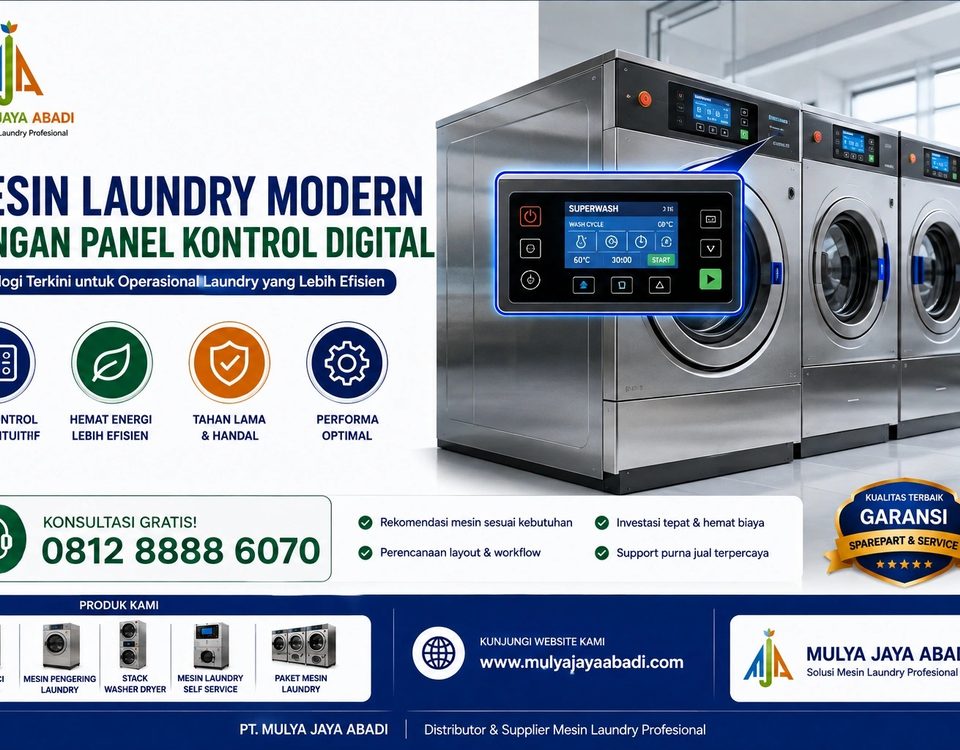 mesin laundry modern dengan panel kontrol digital.