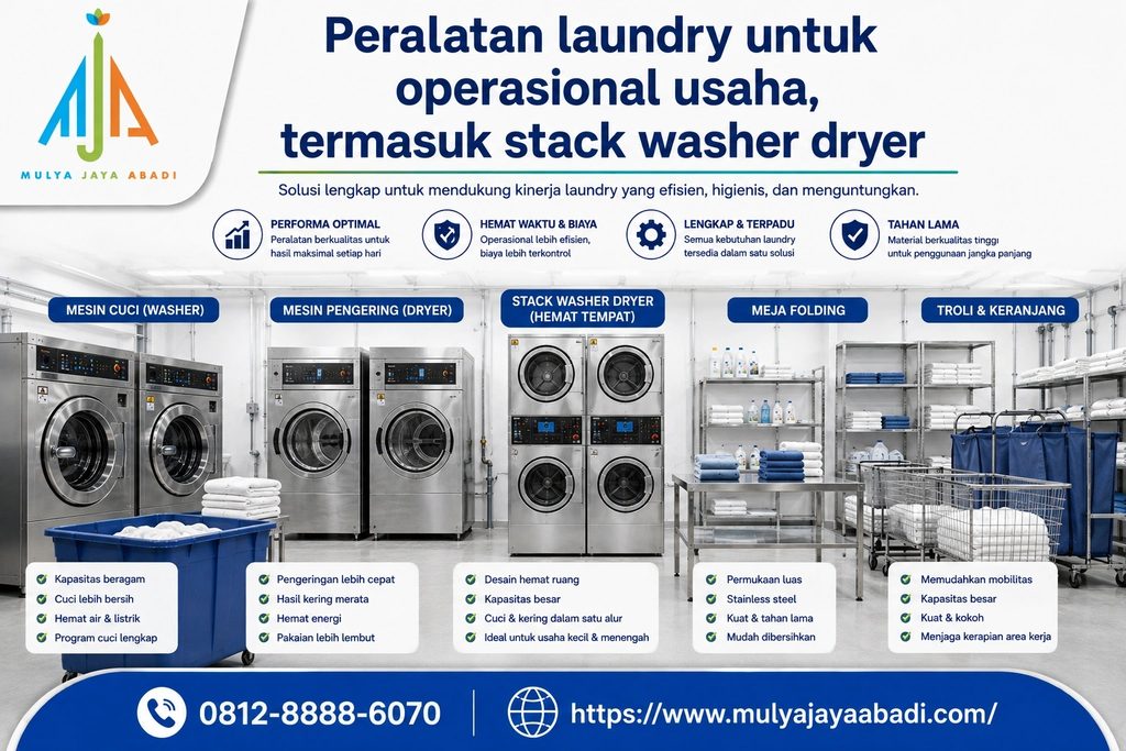 peralatan laundry untuk operasional usaha, termasuk stack washer dryer